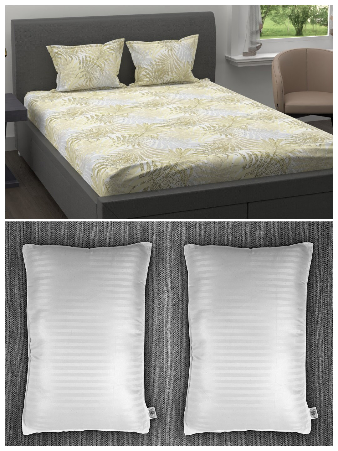 

MYTRIDENT Set of 200 TC 1 King Bedsheet with 2 Pillow Covers and 2 Striped Pillows, Yellow
