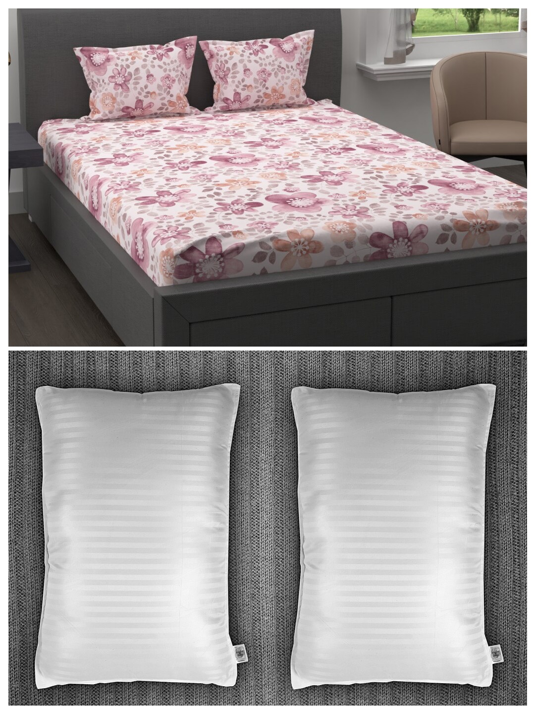 

Trident Set of 200 TC 1 King Bedsheet with 2 Pillow Covers and 2 Striped Pillows, White