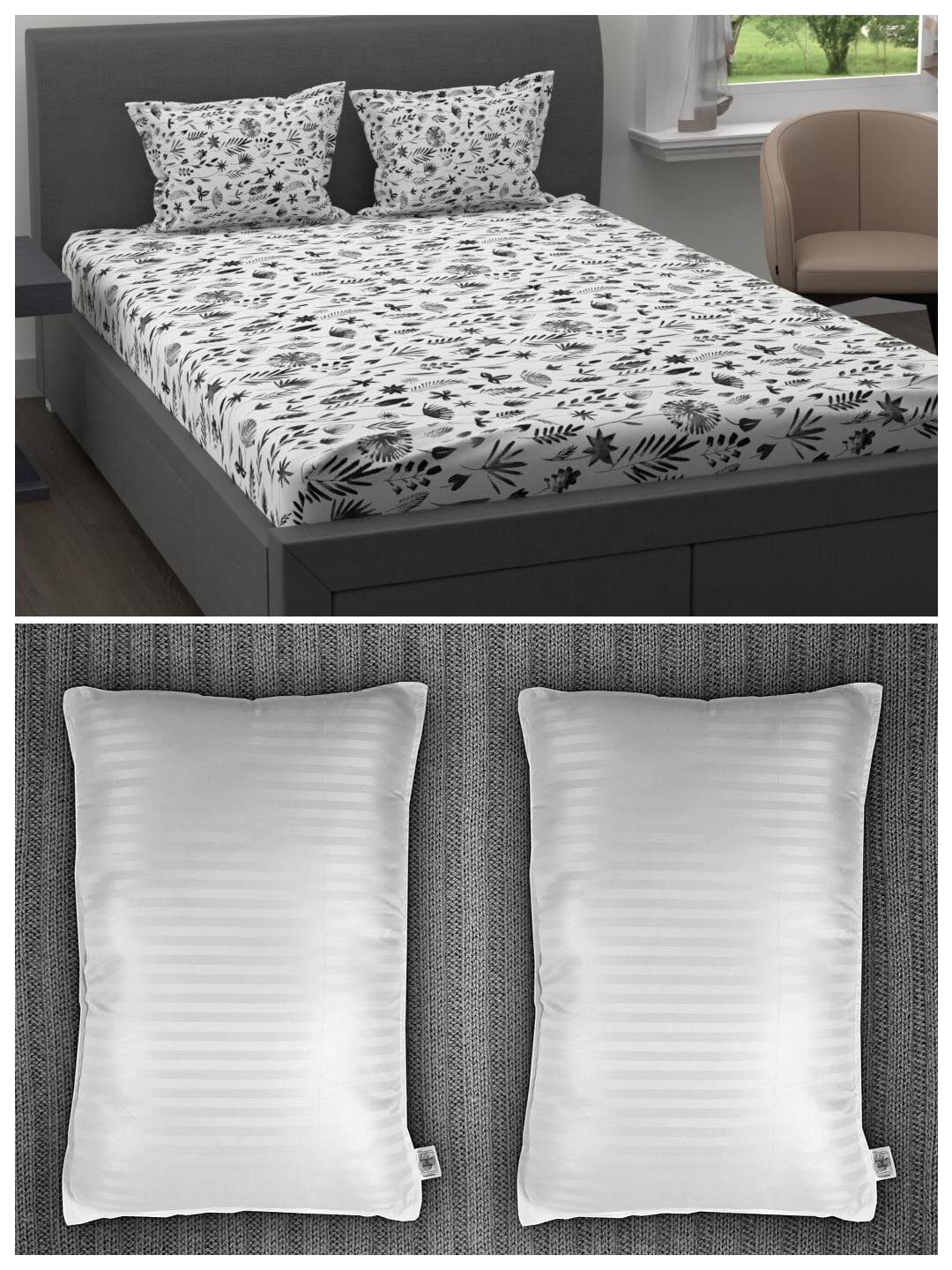 

MYTRIDENT Set of 200 TC 1 King Bedsheet with 2 Pillow Covers and 2 Striped Pillows, White