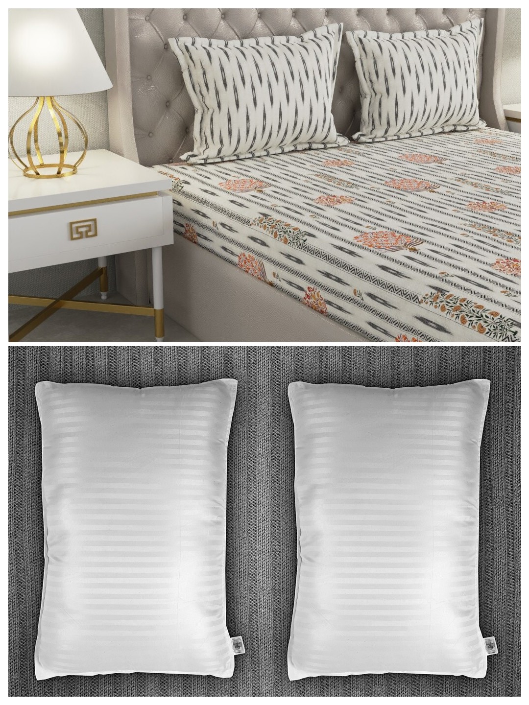 

Trident Set of 210 TC 1 King Bedsheet with 2 Pillow Covers and 2 Striped Pillows, White