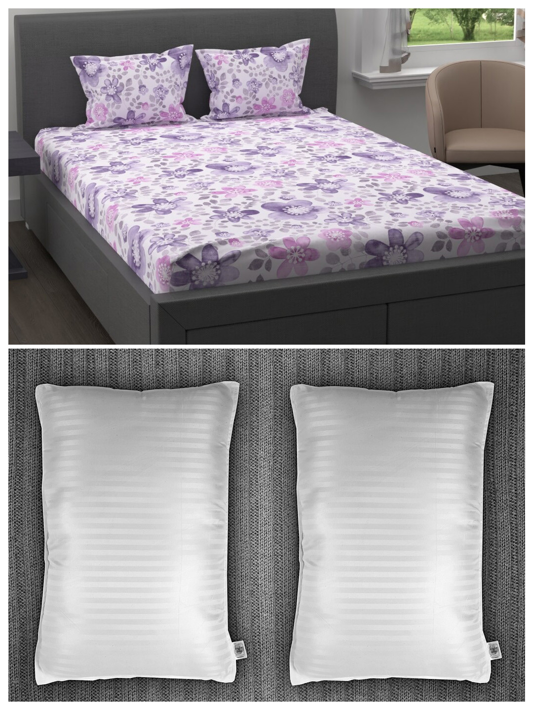 

Trident Set of 200 TC 1 King Bedsheet with 2 Pillow Covers and 2 Striped Pillows, Purple