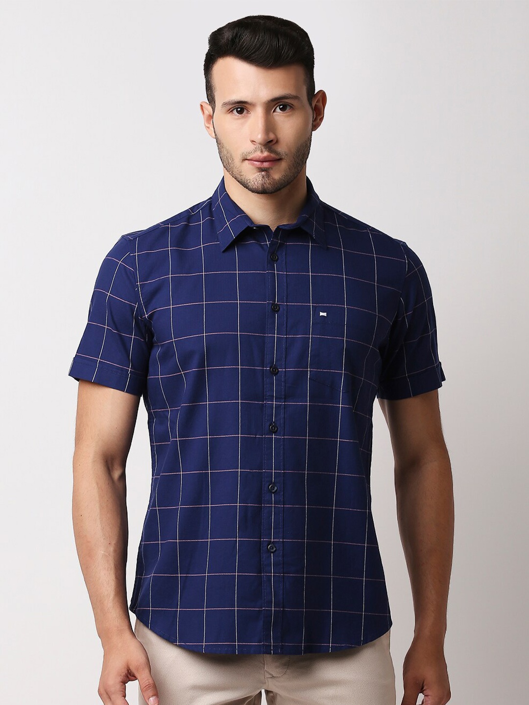 

Basics Men Navy Blue Slim Fit Checked Casual Shirt
