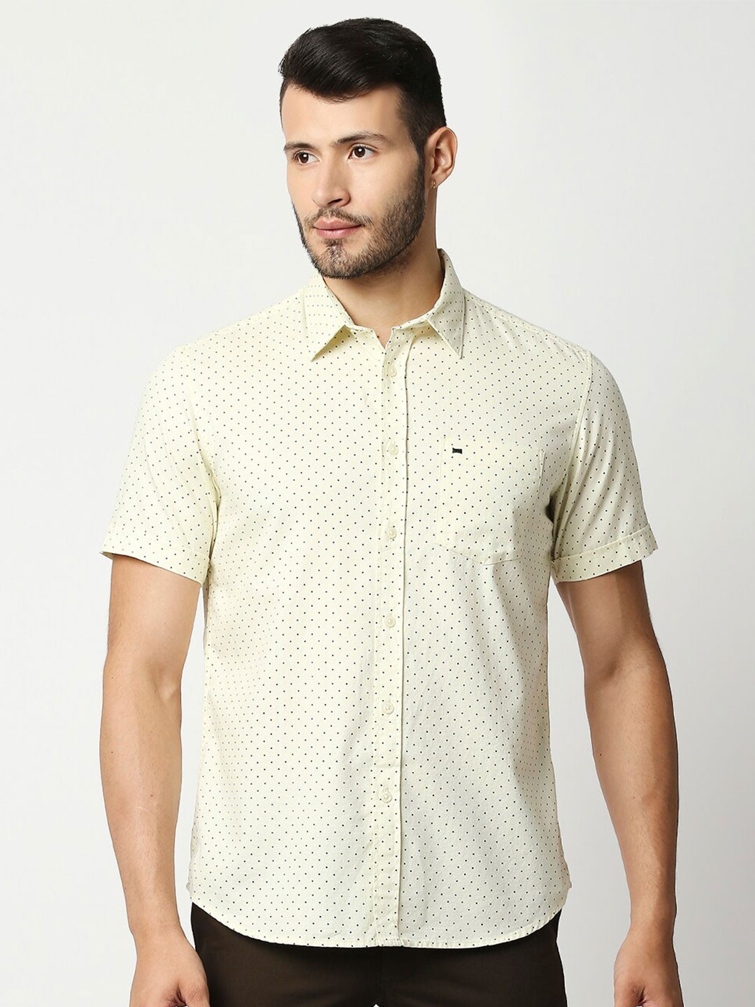 

Basics Men Yellow Slim Fit Printed Pure Cotton Casual Shirt