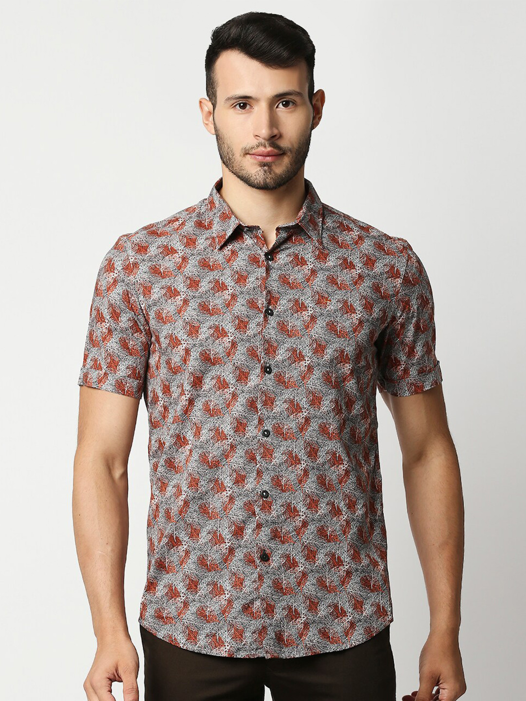 

Basics Men Orange Slim Fit Cotton Printed Casual Shirt