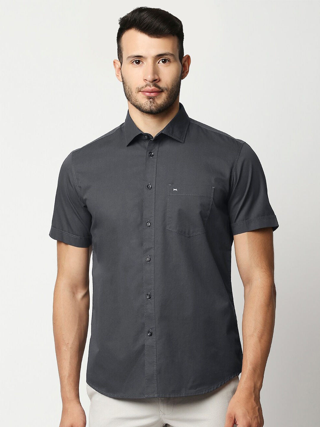 

Basics Men Grey Slim Fit Half Sleeves Cotton Casual Shirt