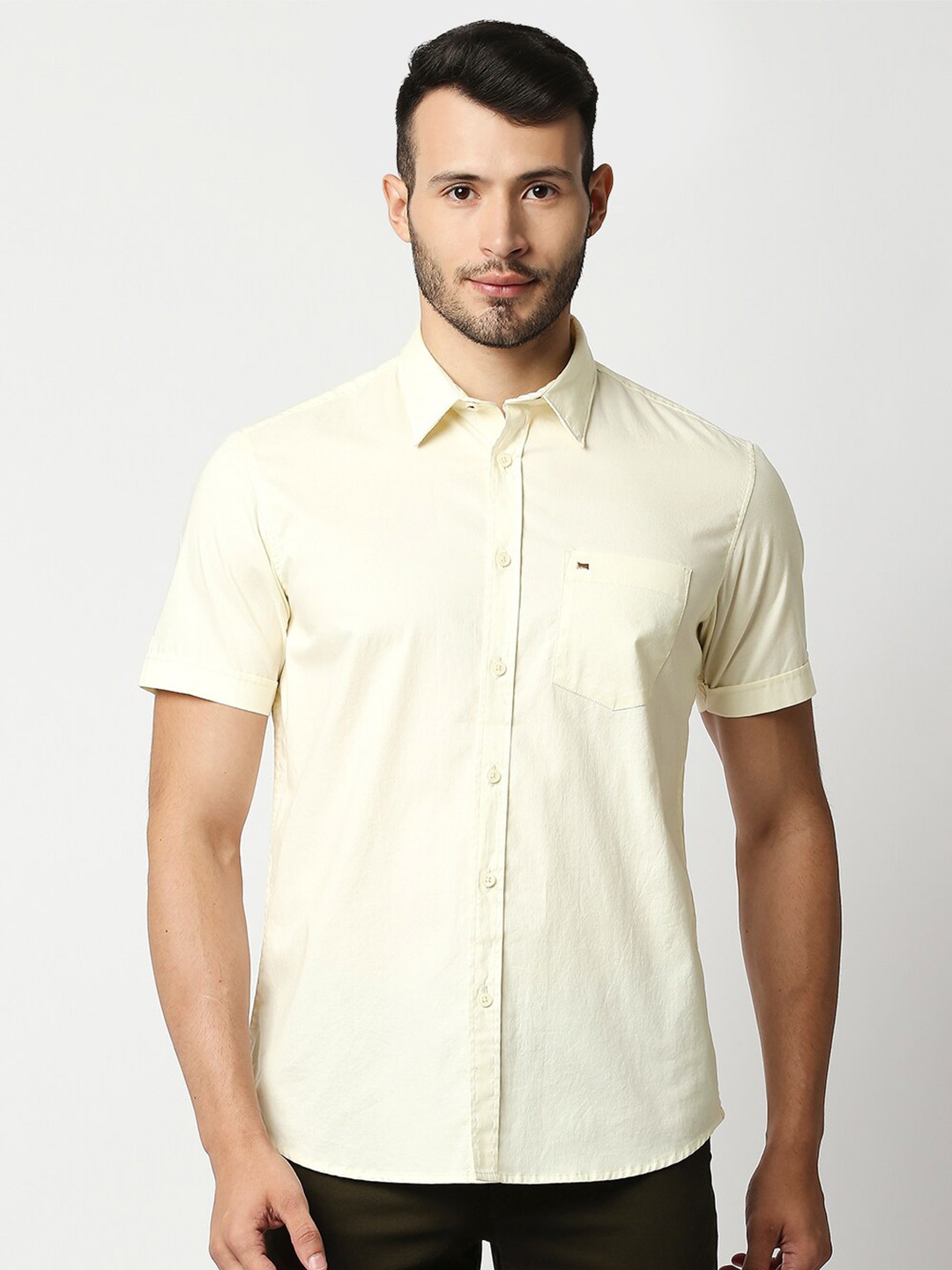 

BASICS CASUAL PLAIN YELLOW 100% COTTON SLIM SHIRT