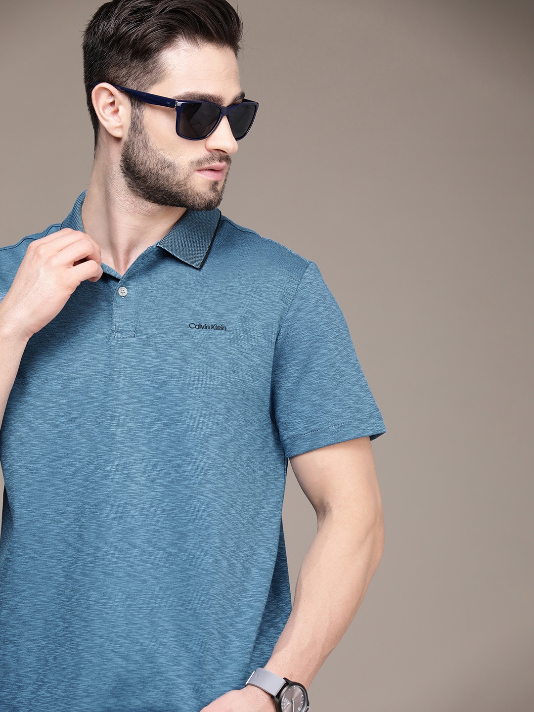 

Calvin Klein Jeans Men Blue Self Designed Texture Polo Collar Casual T-shirt