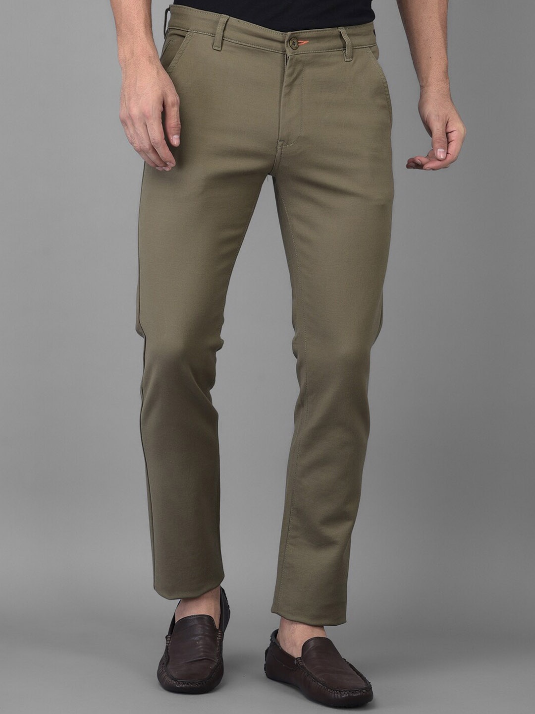 

Canary London Men Olive Green Smart Slim Fit Wrinkle Free Trousers