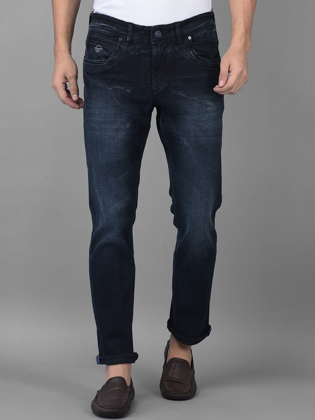 

Canary London Men Blue Smart Slim Fit Low-Rise Light Fade Printed Stretchable Jeans