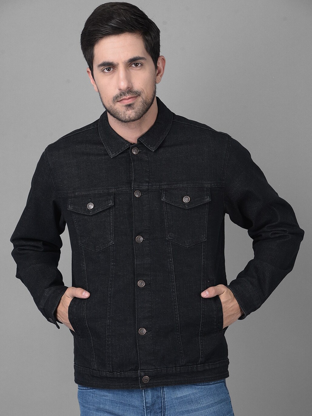 

Canary London Men Black Geometric Denim Jacket with Patchwork