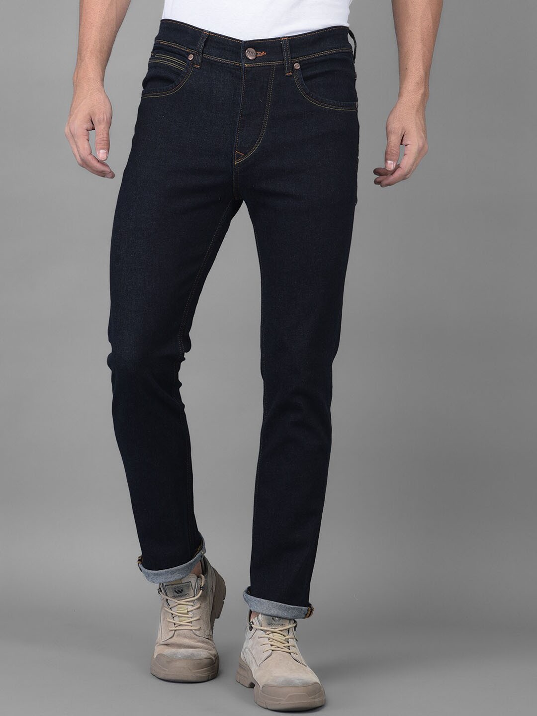 

Canary London Men Dark Blue Smart Straight Fit Low-Rise Stretchable Jeans