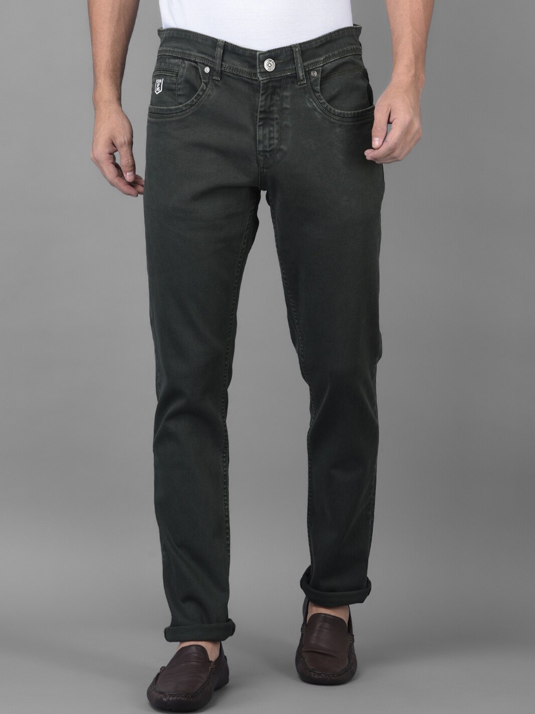 

Canary London Men Olive Green Smart Slim Fit Low-Rise Printed Stretchable Jeans