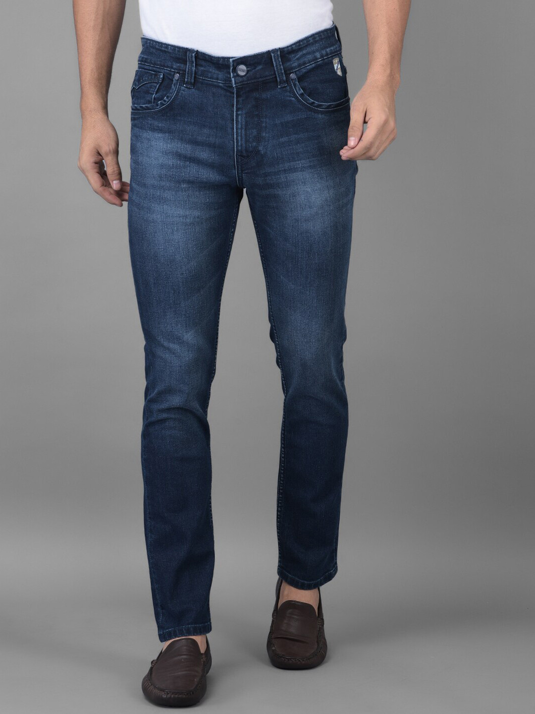 

Canary London Men Blue Smart Slim Fit Low-Rise Low Distress Light Fade Printed Stretchable Jeans