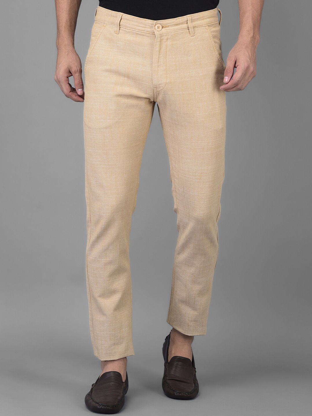 

Canary London Men Khaki Smart Slim Fit Wrinkle Free Trousers