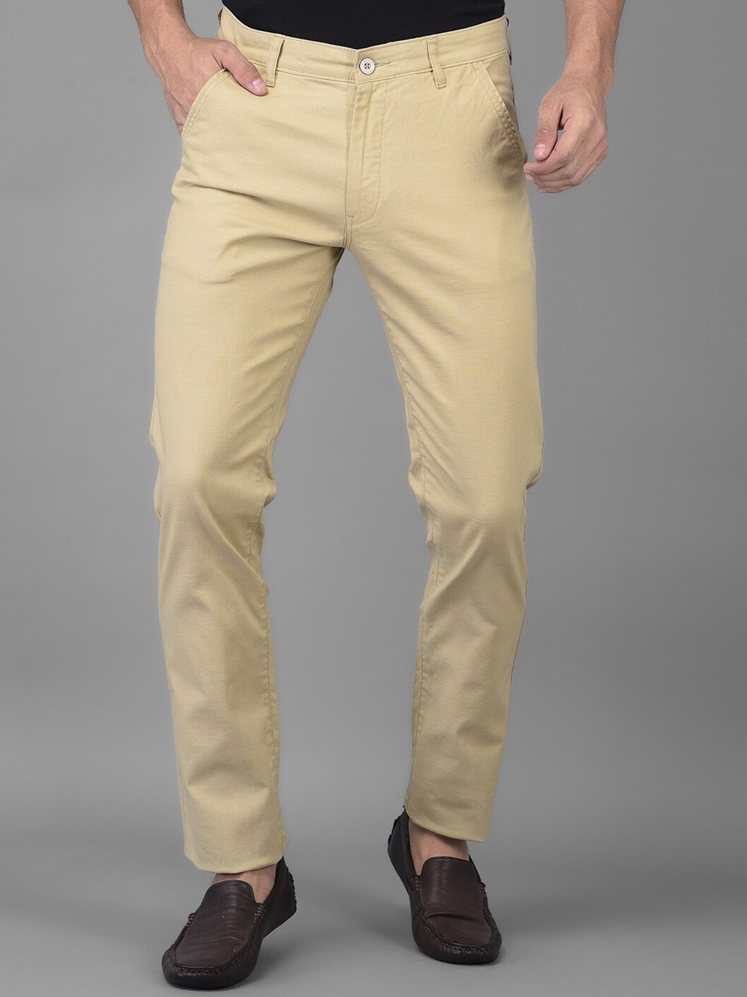 

Canary London Men Khaki Smart Slim Fit Wrinkle Free Trousers