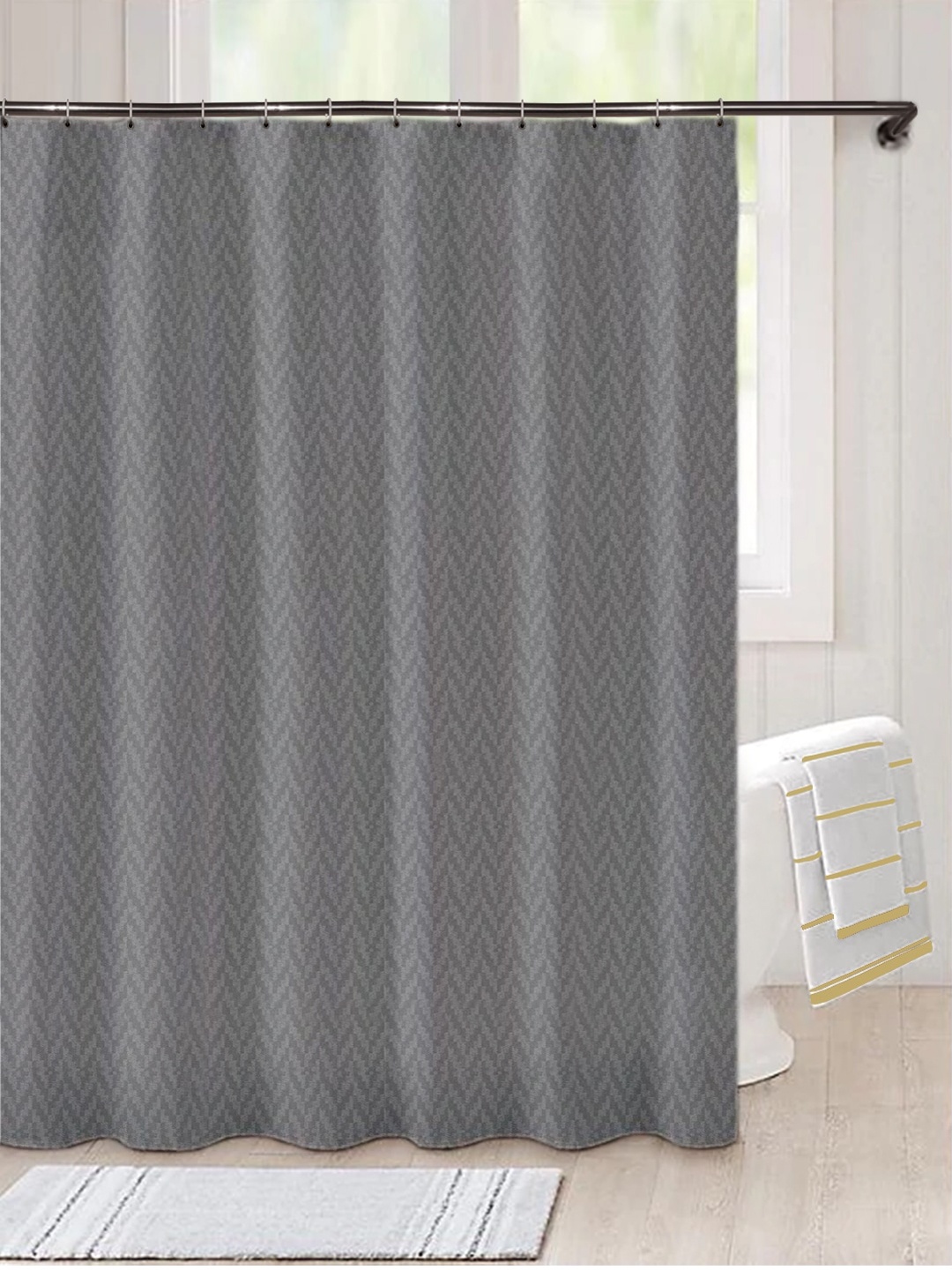 

Lushomes Grey Printed Water Repellent Shower Curtain -12 C-Rings