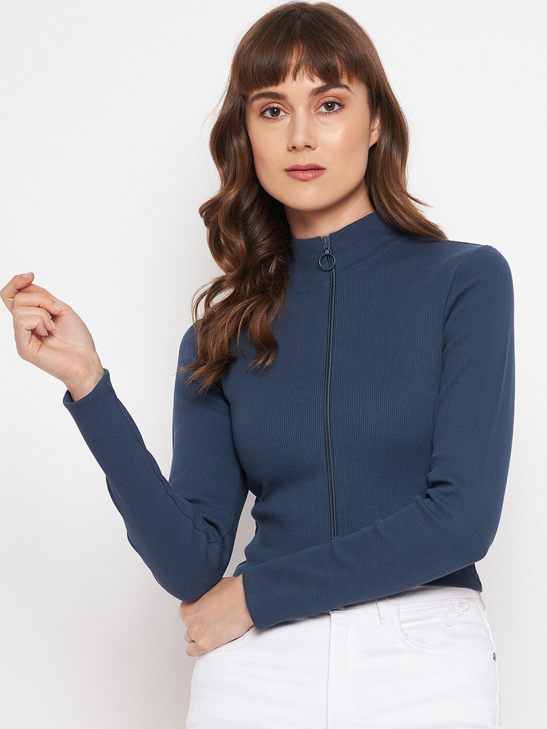 

Madame Navy Blue Solid High Neck Top