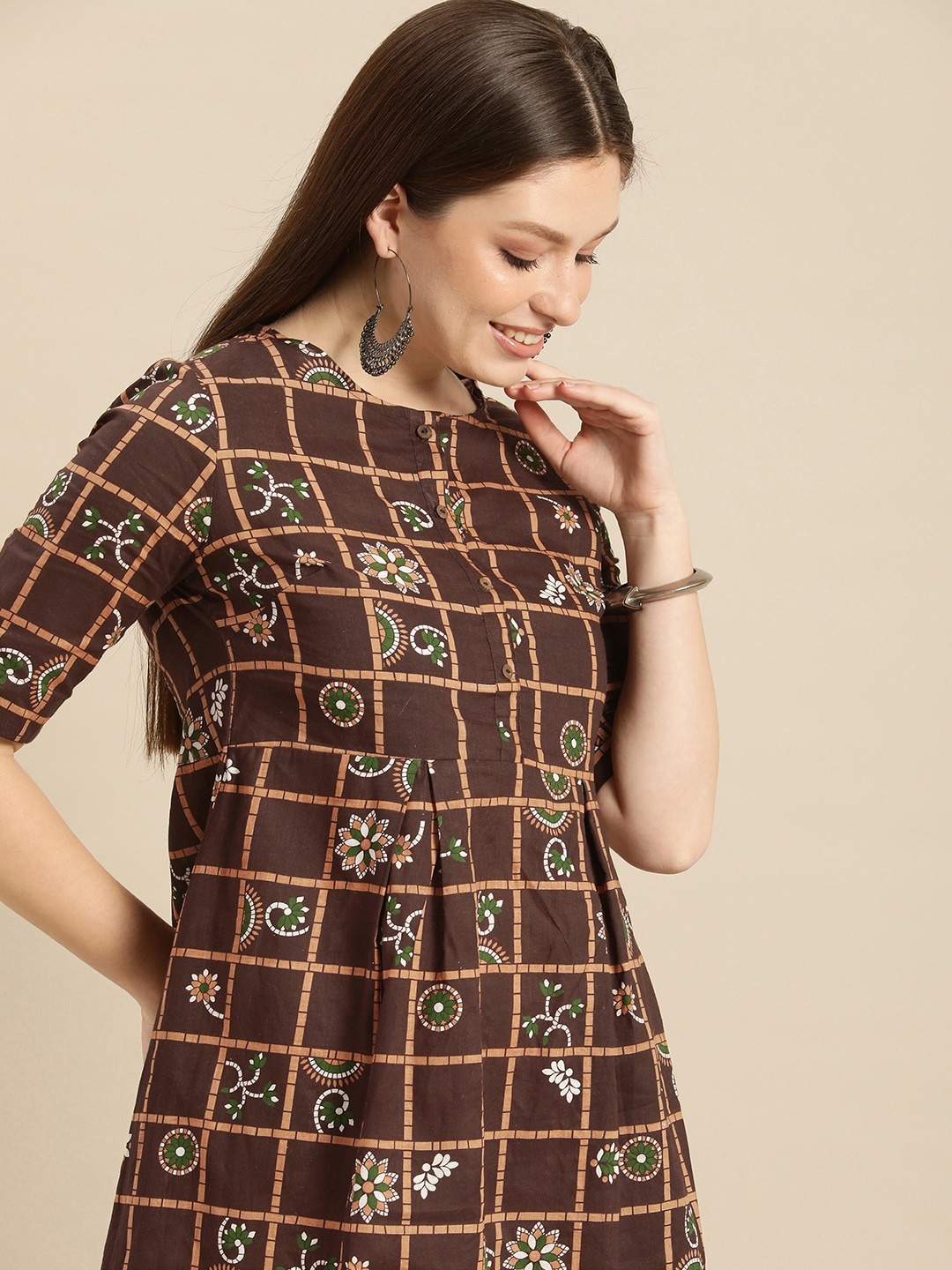 

Anouk Brown Ethnic Motifs Printed Pure Cotton A-Line Dress