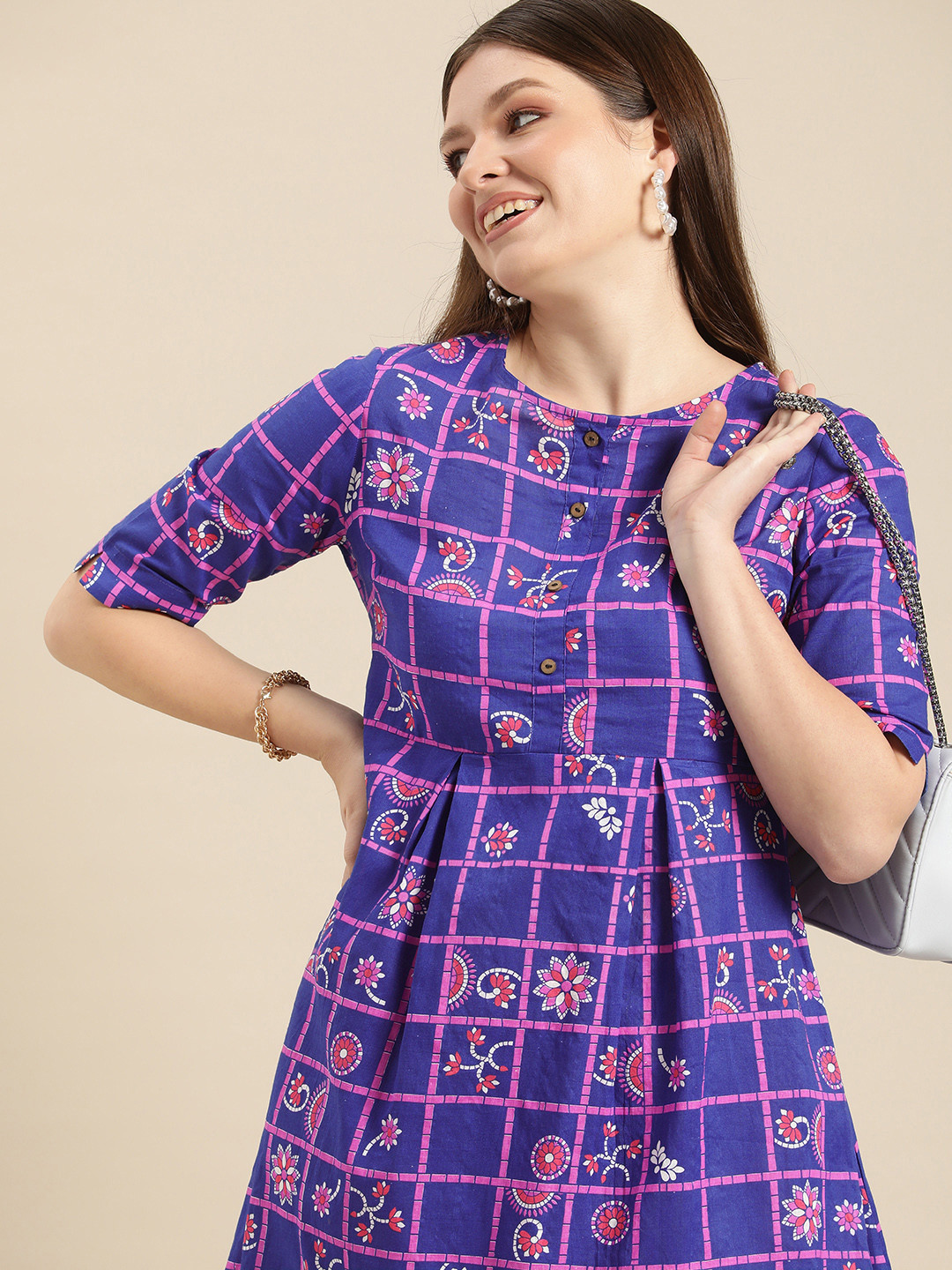 

Anouk Blue & Pink Ethnic Motifs Printed Pure Cotton A-Line Dress
