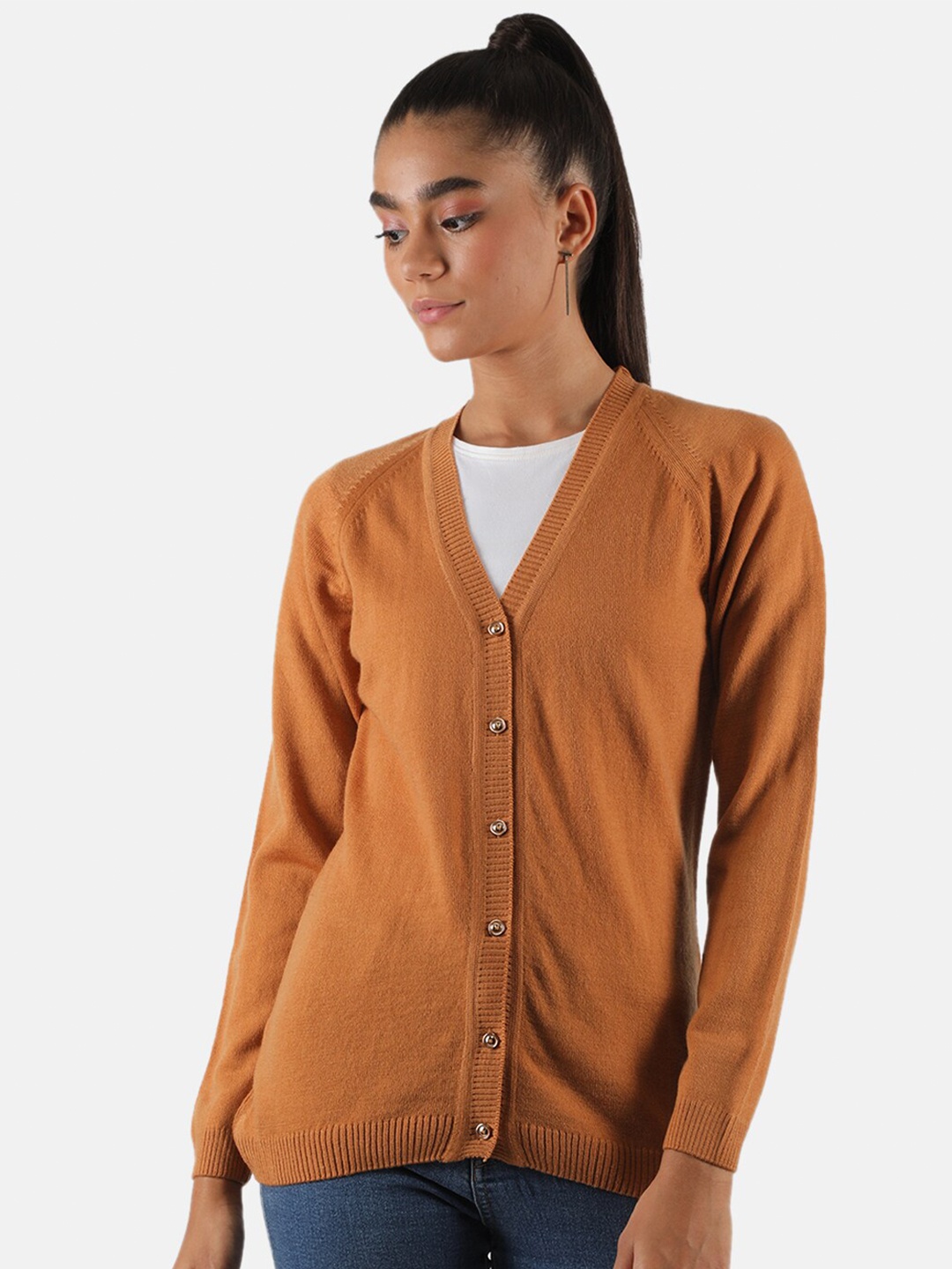 

Monte Carlo Women Rust Red Solid V Neck Cardigan