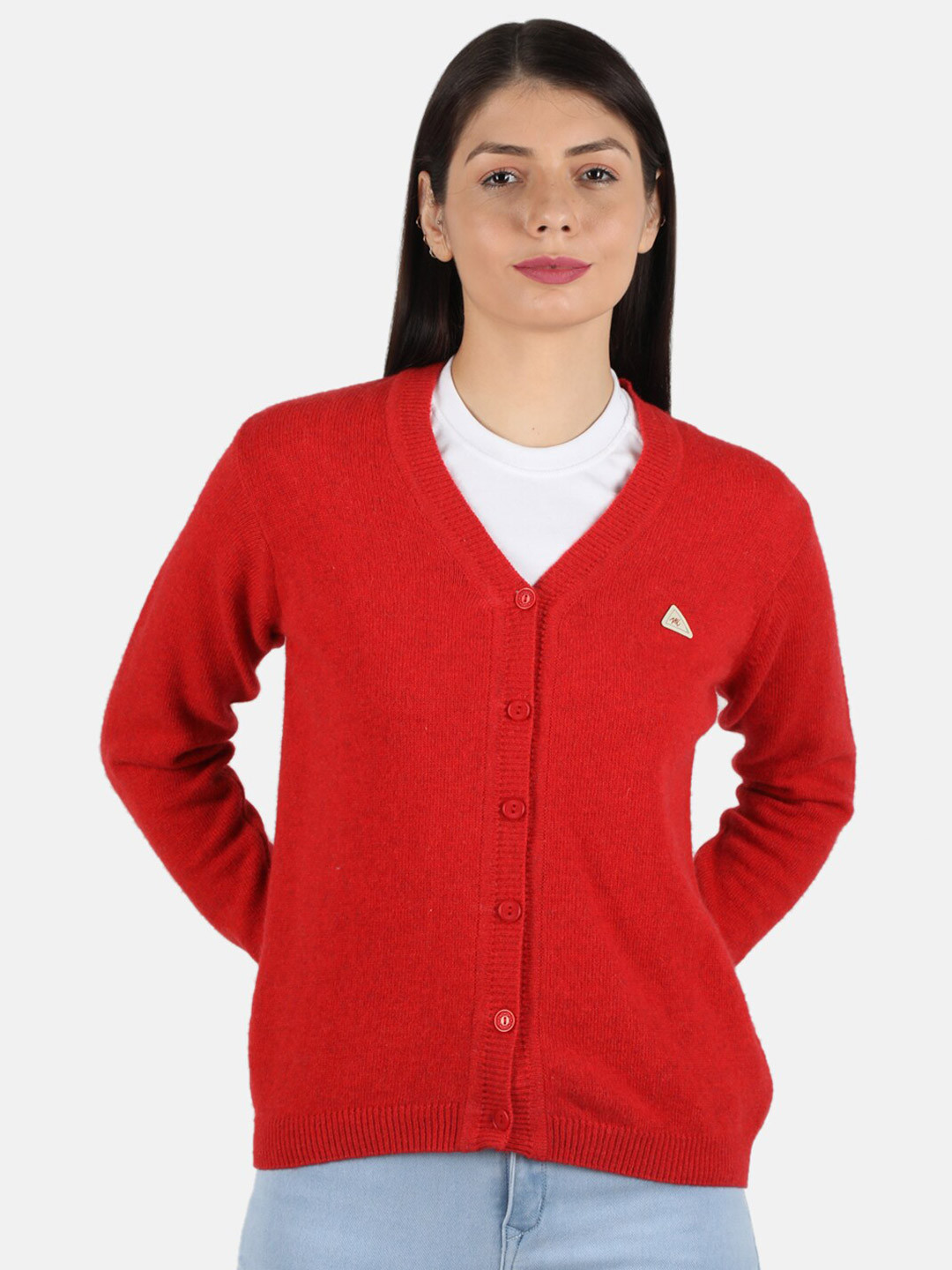 

Monte Carlo Women Red Solid V Neck Cardigan