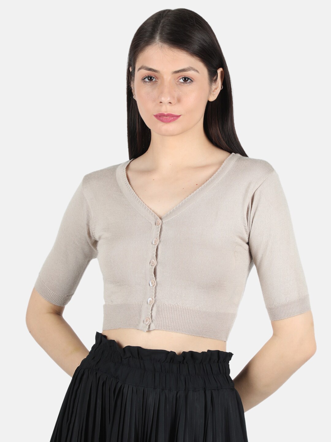 

Monte Carlo Women Beige Crop Cardigan Front Open Blouse