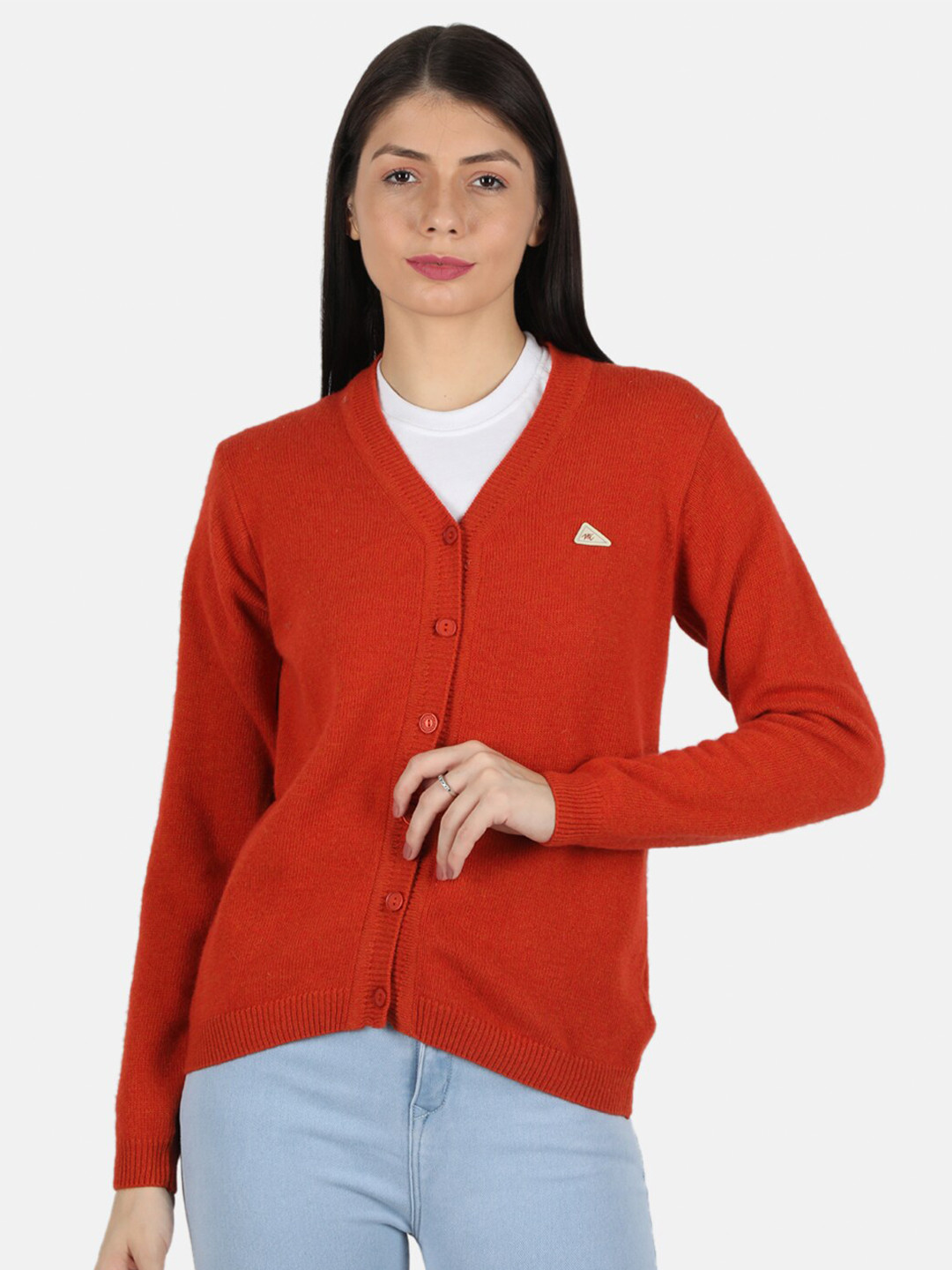 

Monte Carlo Women Orange V-Neck Full Sleeve Cardigan