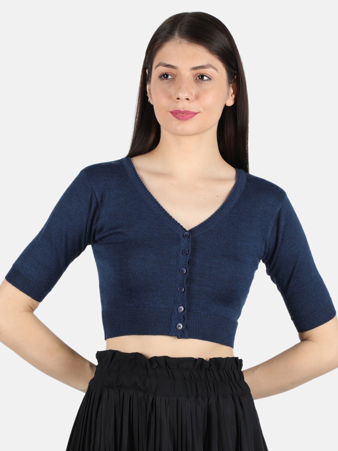 

Monte Carlo Women Navy Blue Solid V Neck Crop Cardigan