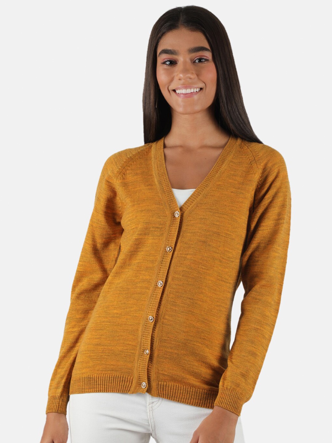 

Monte Carlo Women Yellow Solid V-Neck Cardigan