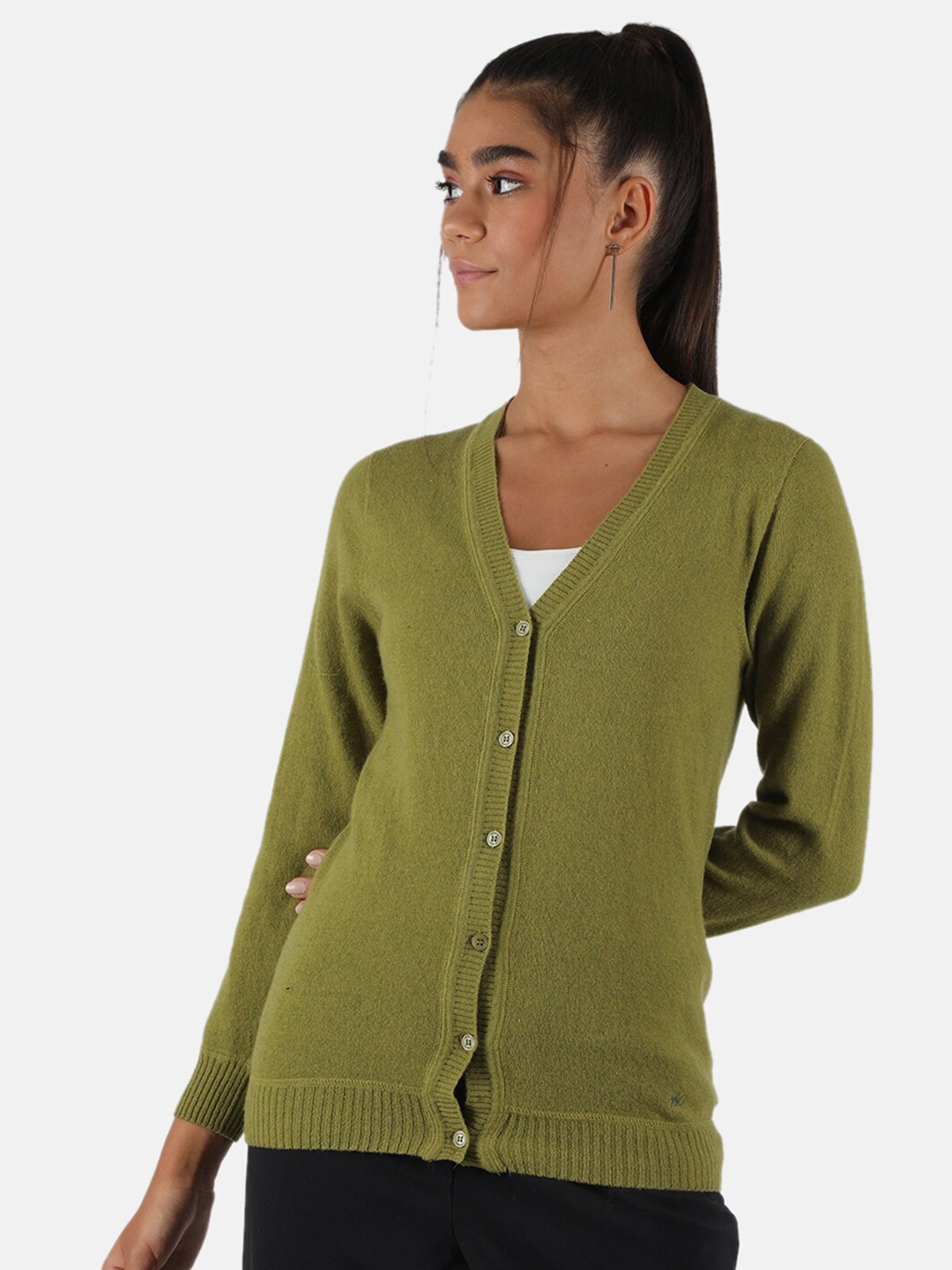 

Monte Carlo Women Olive Green Solid V Neck Cardigan