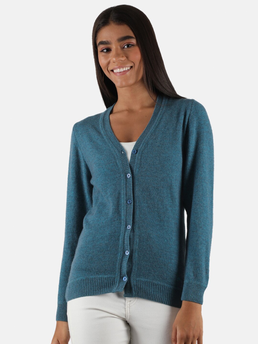 

Monte Carlo Women Teal Blue Solid Woolen Cardigan