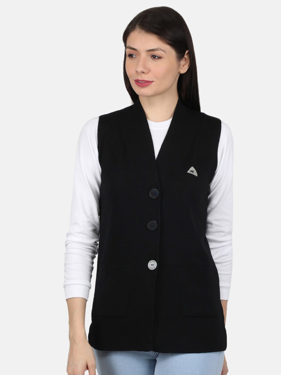 

Monte Carlo Women Pure Wool Black Solid V Neck Cardigan
