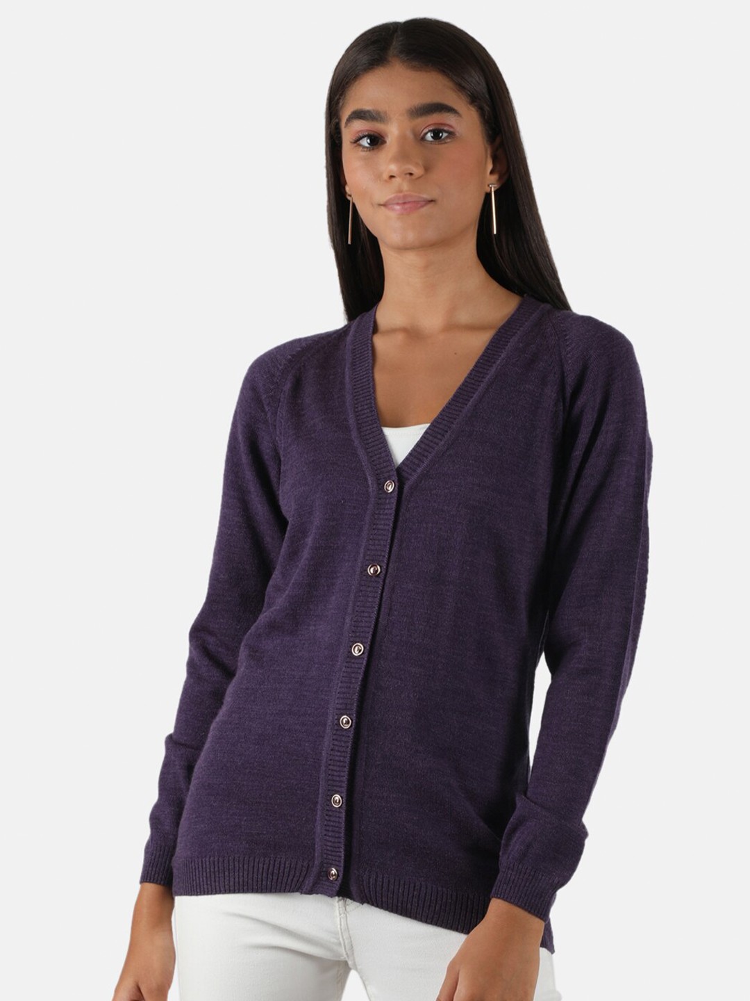 

Monte Carlo Women Purple Solid V-neck Blend Wool Cardigan