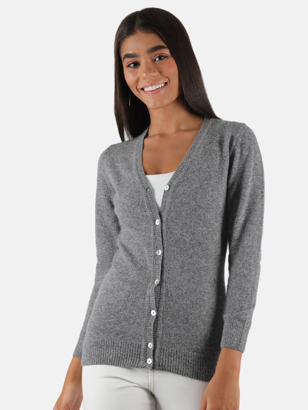 

Monte Carlo Women Lambs Wool Grey Solid V Neck Cardigan