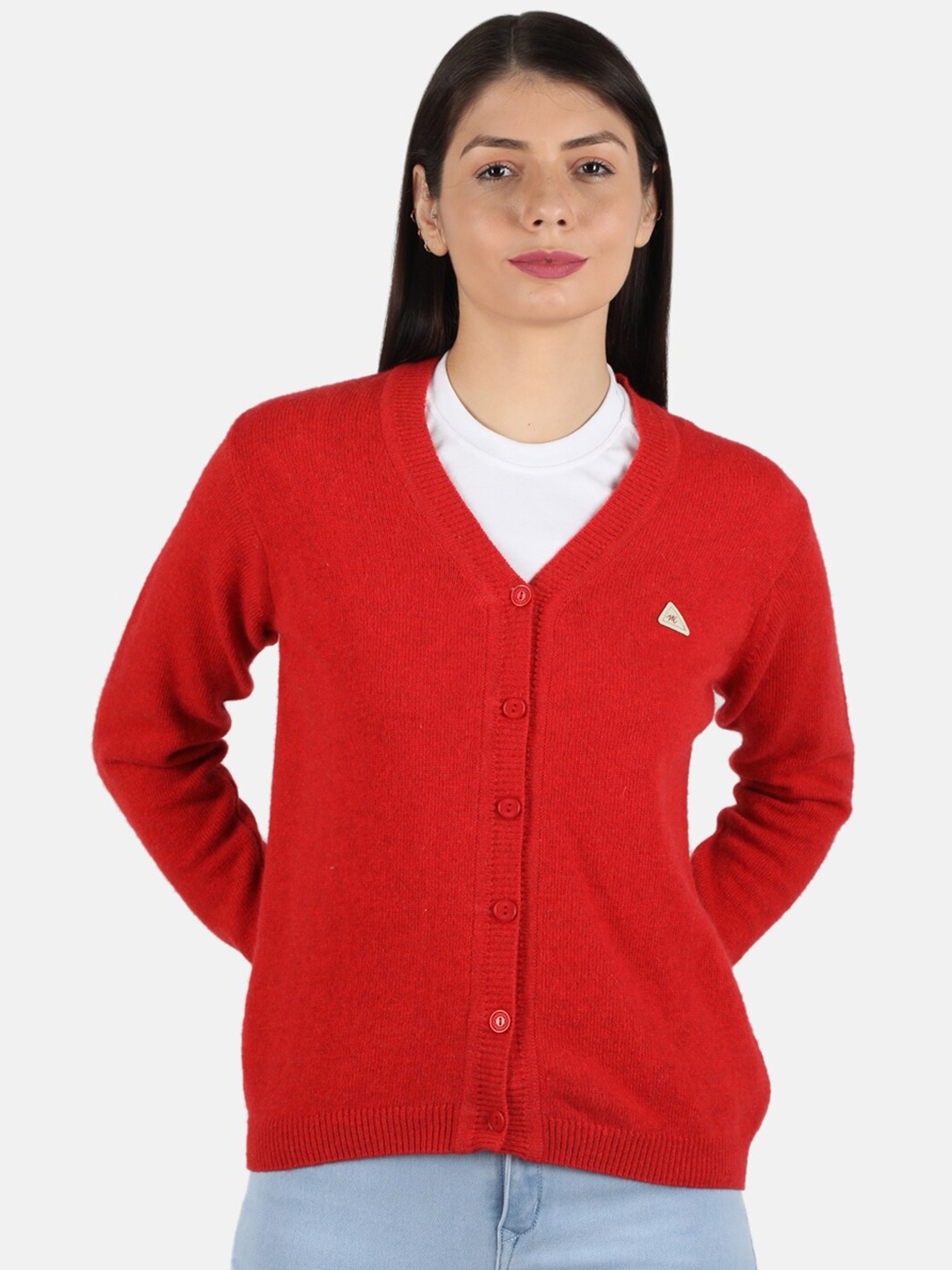 

Monte Carlo Women Red Solid V Neck Cardigan