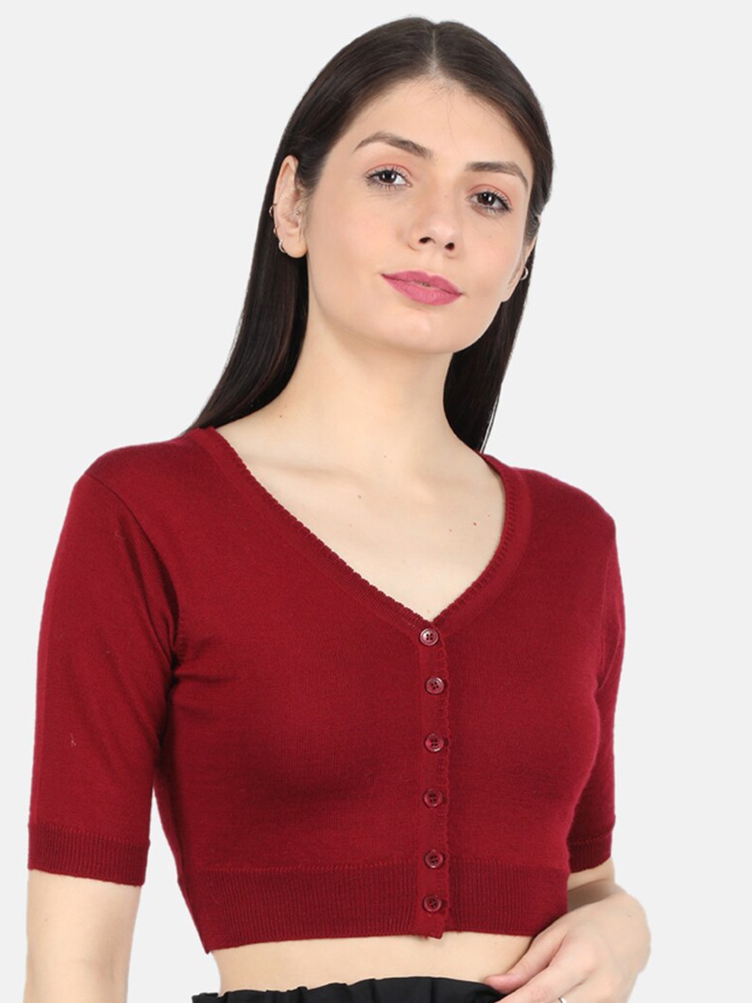 

Monte Carlo Women Maroon Crop Solid V-Neck Crop Cardigan