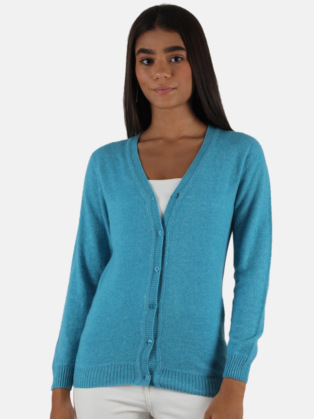 

Monte Carlo Women Lambs Wool Blue Solid V Neck Cardigan