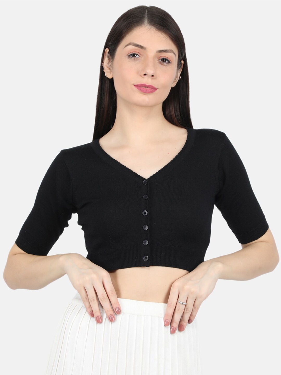 

Monte Carlo Women Black Solid Woolen Crop Cardigan