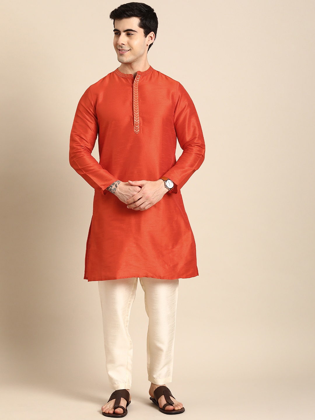 

Anouk Men Solid Long Sleeves Straight Kurta with Pyjamas, Orange