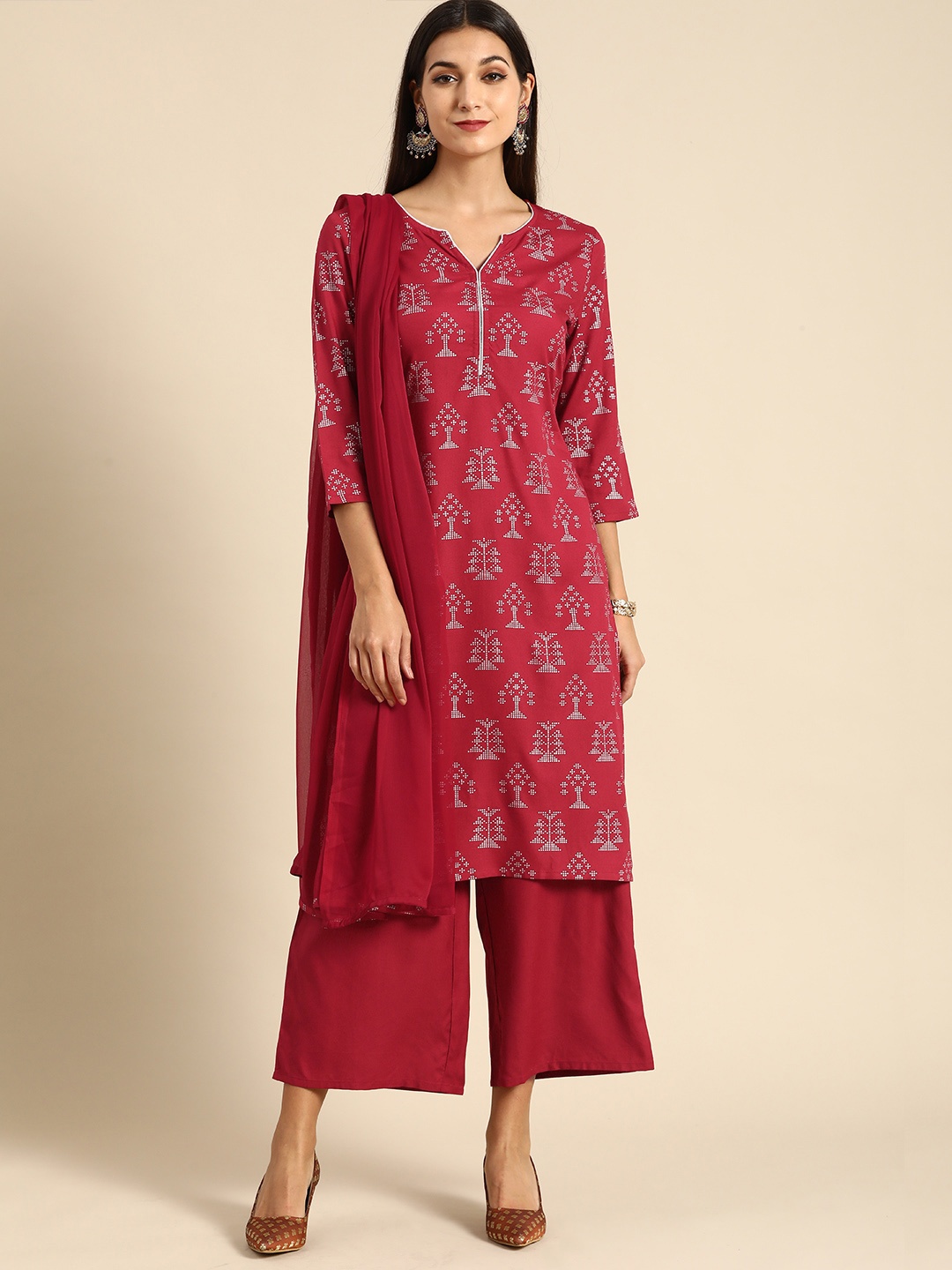 

Anouk Women Maroon Printed Pure Cotton Kurta with Palazzos & Dupatta