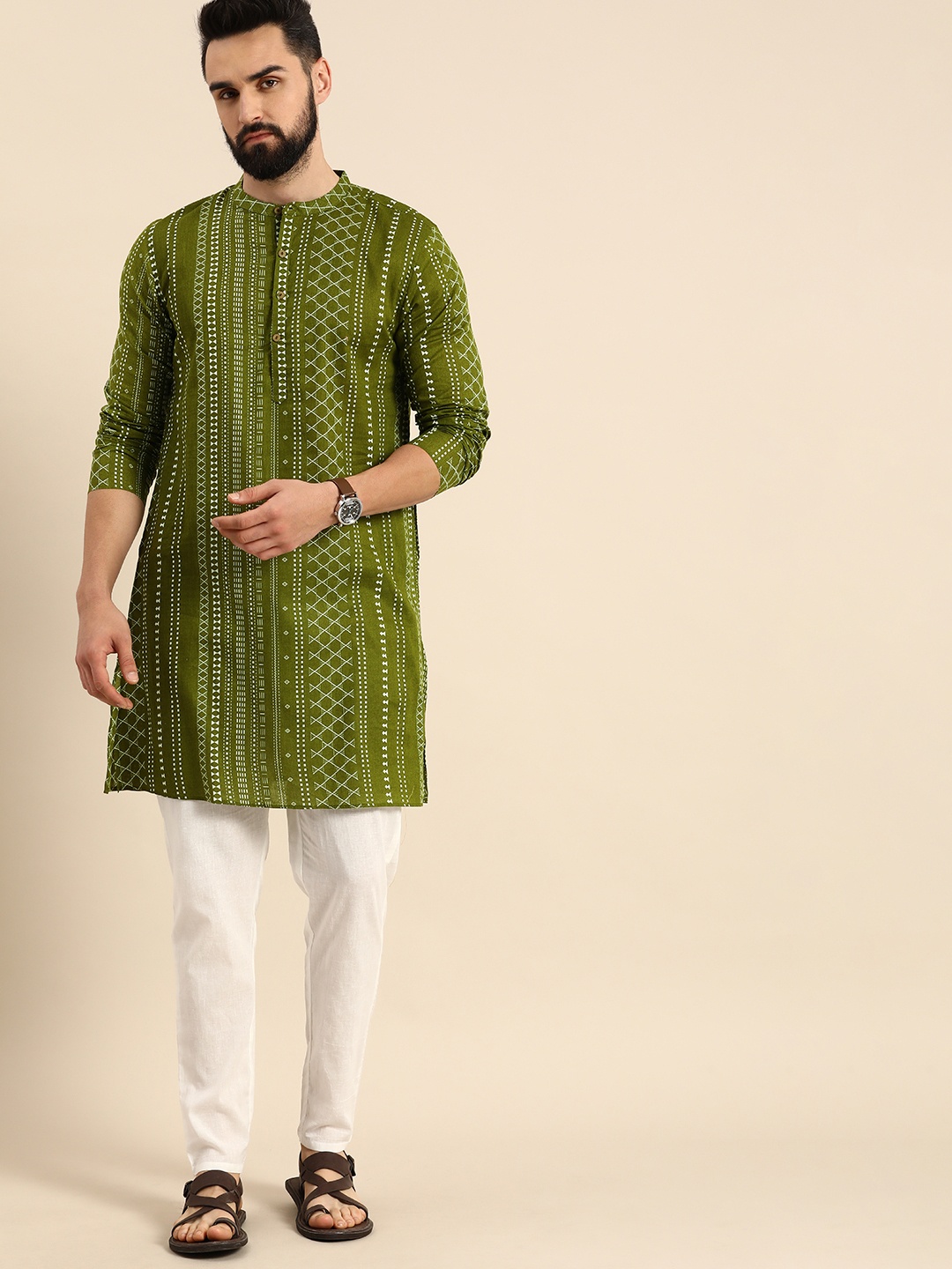 

Anouk Men Ethnic Motifs Printed Pure Cotton Kurta with Trousers, Green