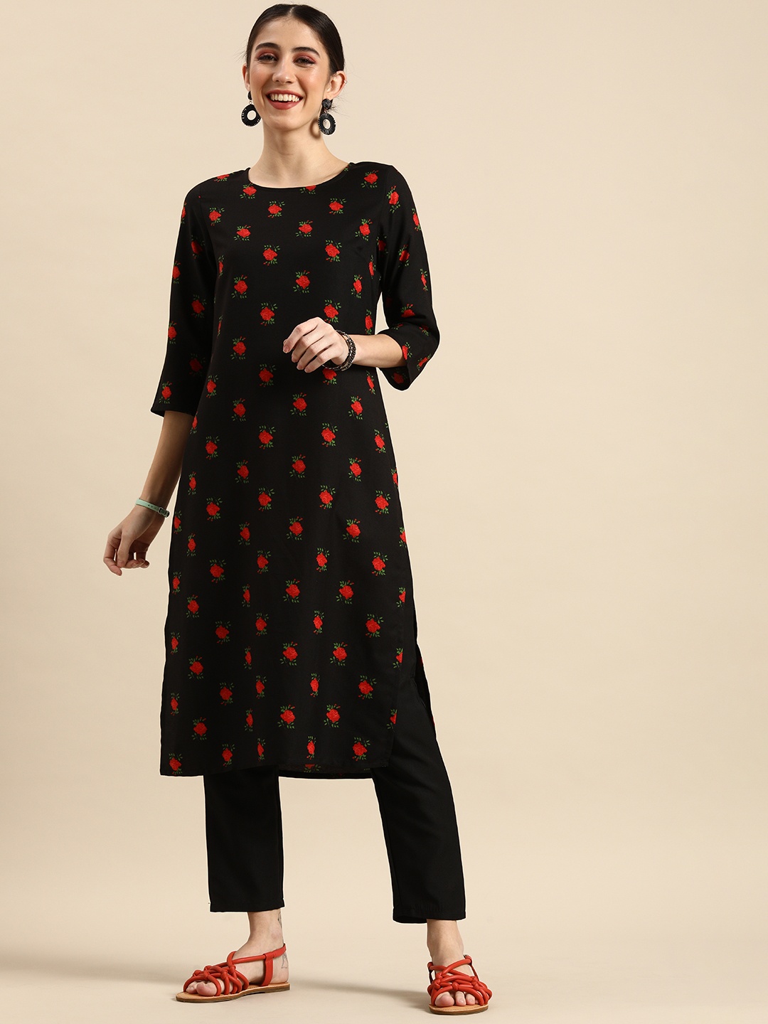 

Anouk Women Black & Red Floral Printed Round Neck Kurta with Solid Trousers