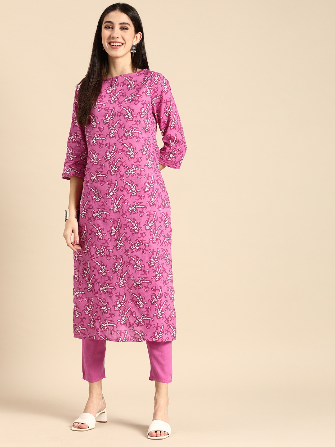 

Anouk Women Pink Ethnic Motifs Printed Pure Cotton Kurta with Trousers