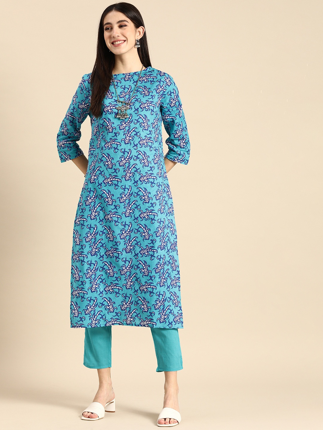 

Anouk Women Blue Ethnic Motifs Printed Pure Cotton Kurta with Trousers