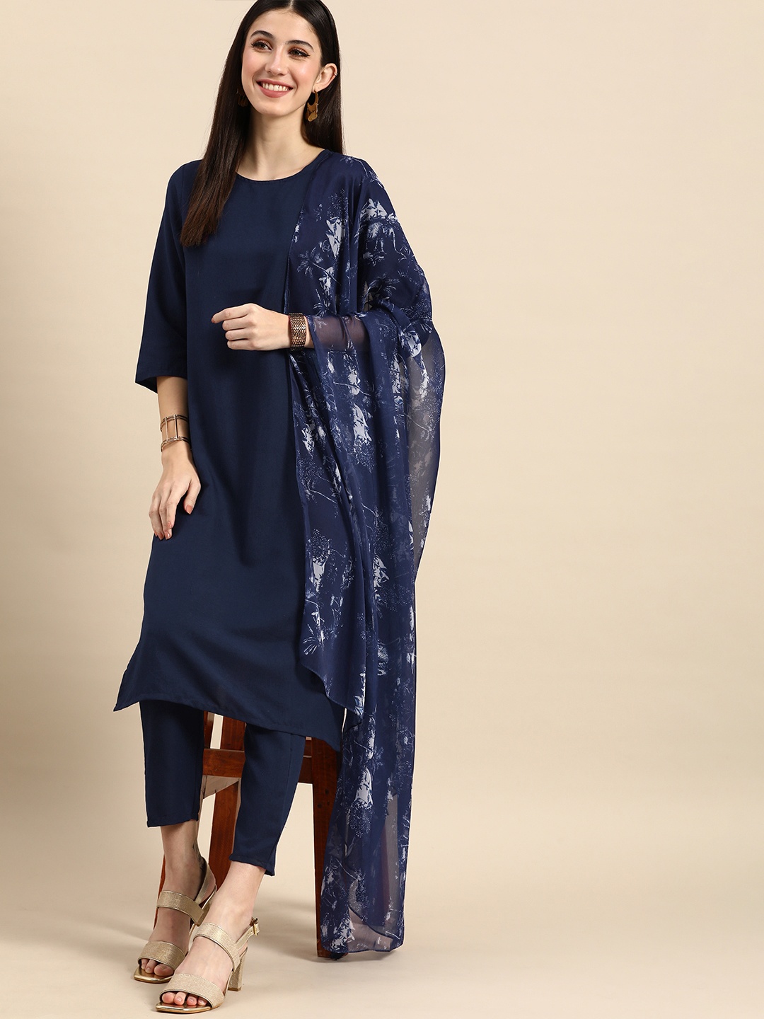 

Anouk Women Kurta with Trousers & With Dupatta, Navy blue