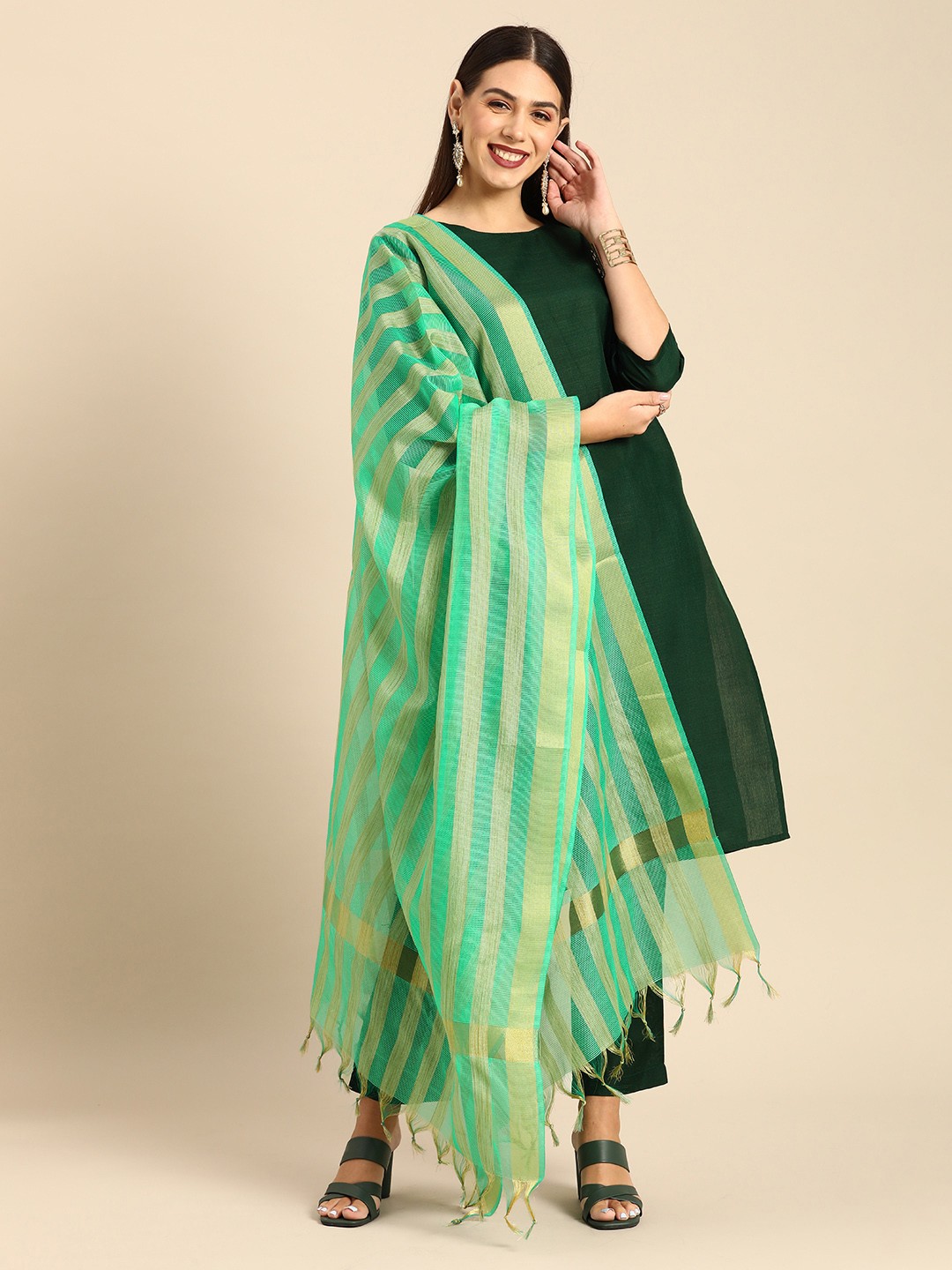 

Anouk Women Dark Green Solid Kurta with Trousers & Dupatta