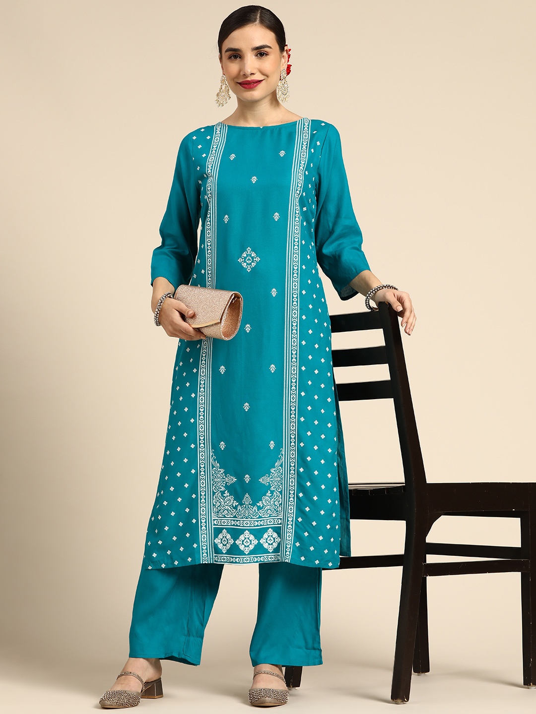 

Anouk Women Teal Blue Ethnic Motifs Printed Kurta with Palazzos