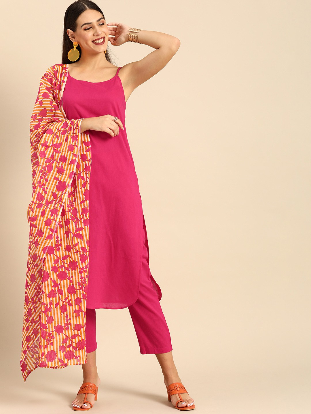 

Anouk Women Pink Solid Pure Cotton Sleeveless Kurta with Trousers & Dupatta