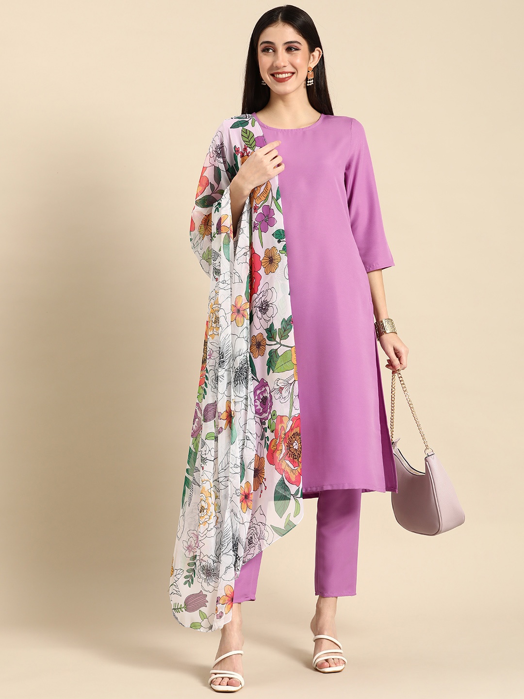 

Anouk Women Solid Straight Kurta with Trousers & Dupatta, Purple