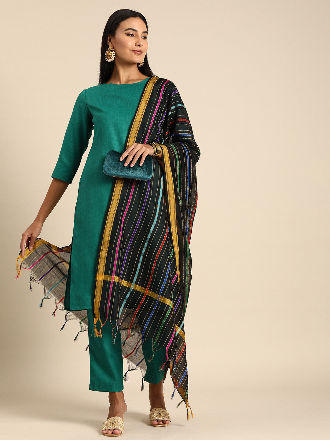 

Anouk Women Teal Green Kurta with Trousers & With Dupatta